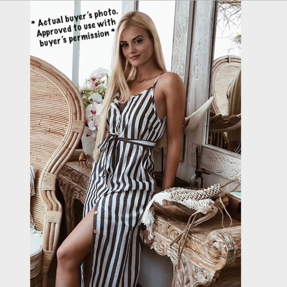 Rouge! Dresses & Skirts - Button Front Vertical Stripe Cami Dress Belted